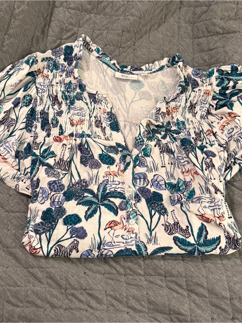 Lightweight Printed Women’s Button-Front Top Flamingo and Palm Tree Pattern 1X